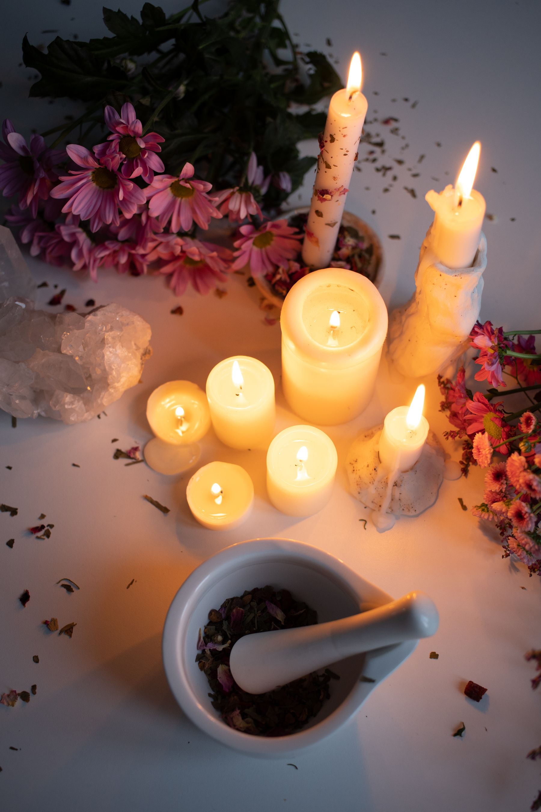 Crystals and candles for a calm spiritual atmosphere